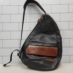 LL Bean Traveler Leather Sling Backpack Black Brown Crossbody Shoulder Bag